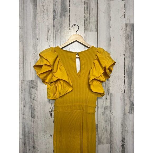 Haute Monde Mustard Yellow Ruffle Sleeve Jumpsuit | Women’s Small | Stretchy Rib - Picture 4 of 8